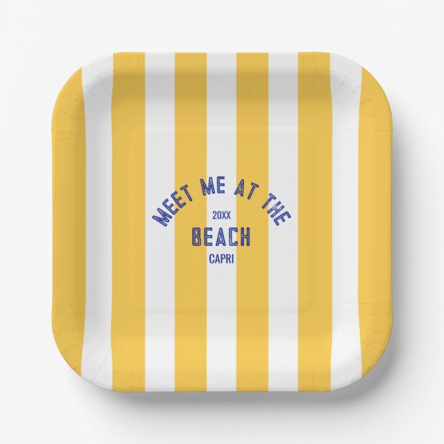 Blue Meet Me At The Beach Yellow Cabana Stripe Paper Plate (Front)