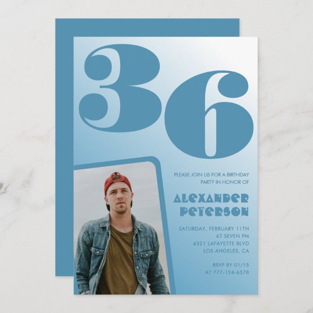 Blue Men Photo gradient 36th birthday invitations  (Front/Back)