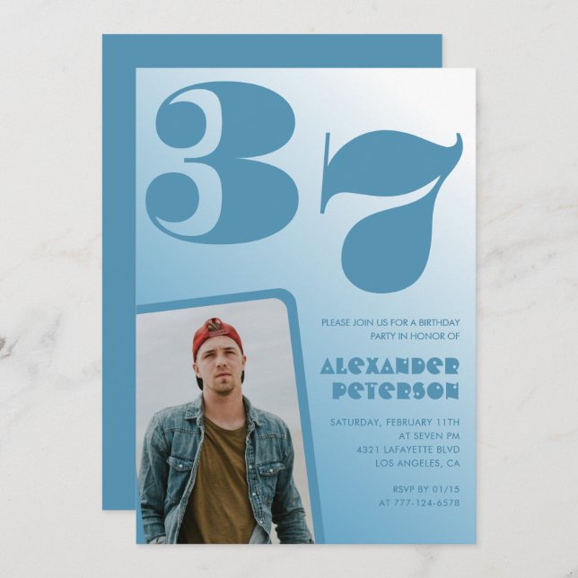 Blue Men Photo gradient 37th birthday invitations  (Front/Back)