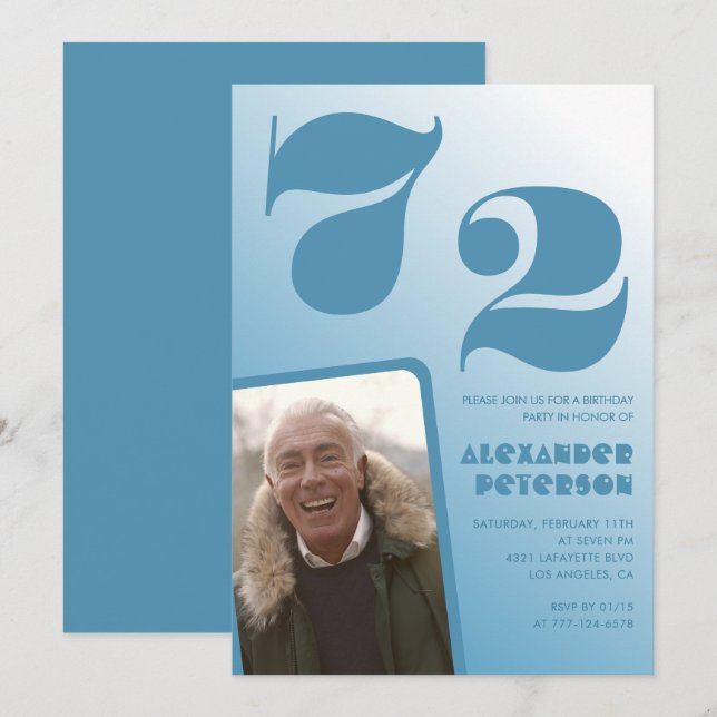 Blue Men Photo gradient 72nd birthday invitations  (Front/Back)
