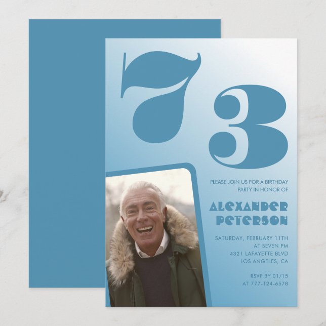 Blue Men Photo gradient 73rd birthday invitations  (Front/Back)