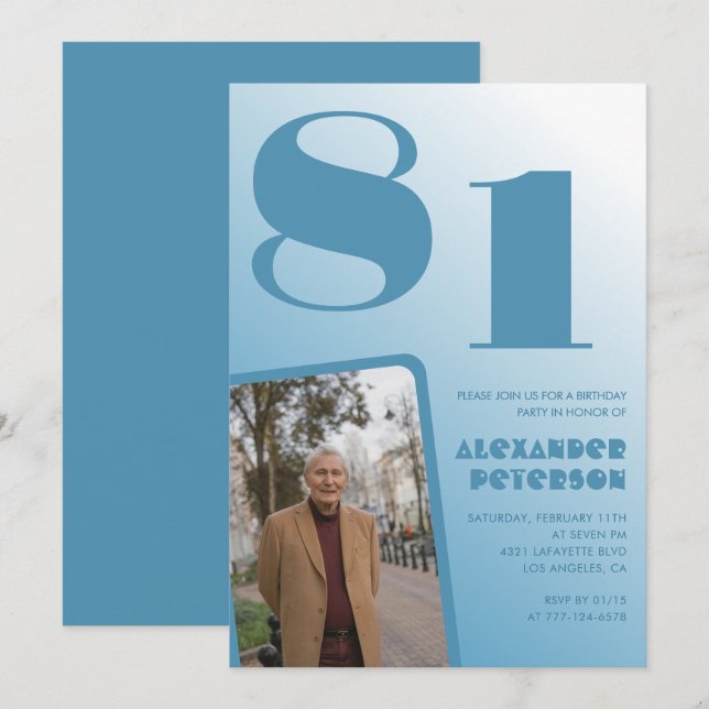 Blue Men Photo gradient 81st birthday invitations  (Front/Back)