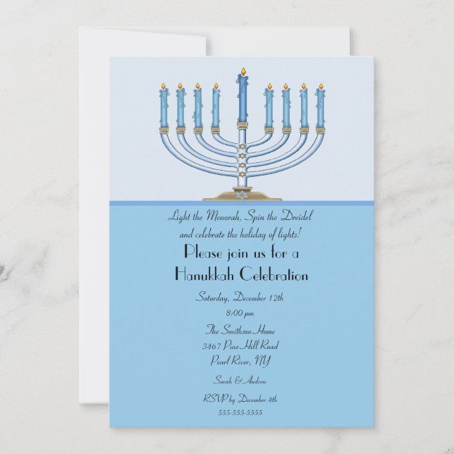 Blue Menorah Hanukkah Celebration Invitation (Front)