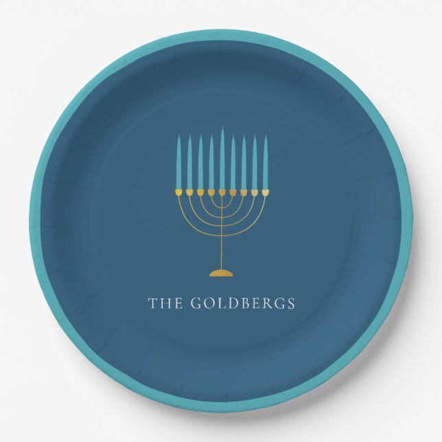 Blue Menorah Hanukkah Celebration Personalized  Paper Plate (Front)