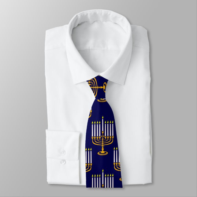 blue menorah hanukkah jewish print tie (Tied)