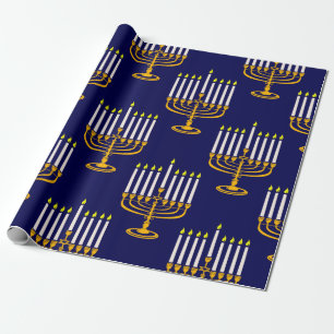blue menorah hanukkah jewish print wrapping paper