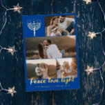 Blue Menorah Peace Love Light Photo Collage Gold<br><div class="desc">Gold foil happy holidays card with a hanukkah menorah,  a photo collage of four photos,  peace love light in gold foil,  and your family name in gold foil too.</div>