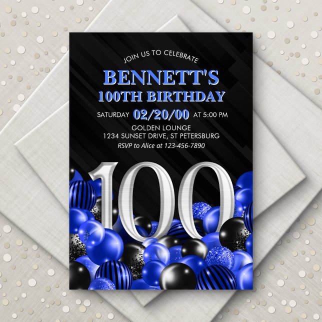 Blue Mens 100th Birthday Invitation (Creator Uploaded)