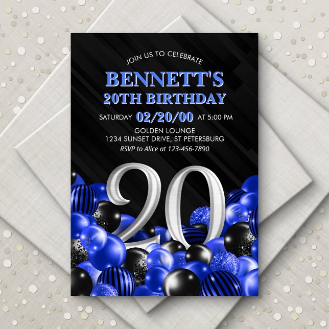 Blue Mens 20th Birthday Invitation (Creator Uploaded)