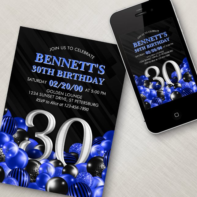 Blue Mens 30th Birthday Invitation (Creator Uploaded)