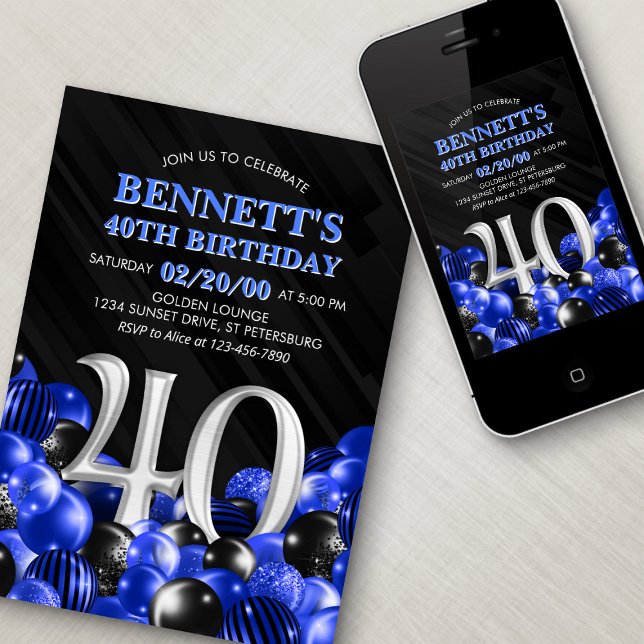 Blue Mens 40th Birthday Invitation (Creator Uploaded)
