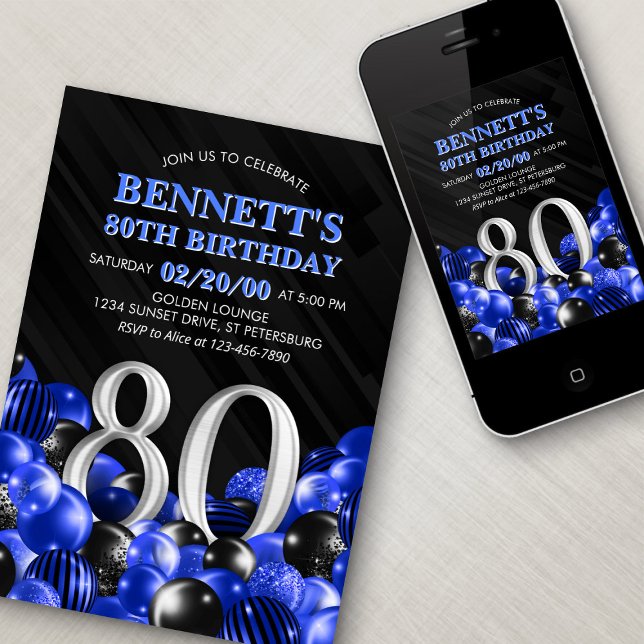 Blue Mens 80th Birthday Invitation (Creator Uploaded)