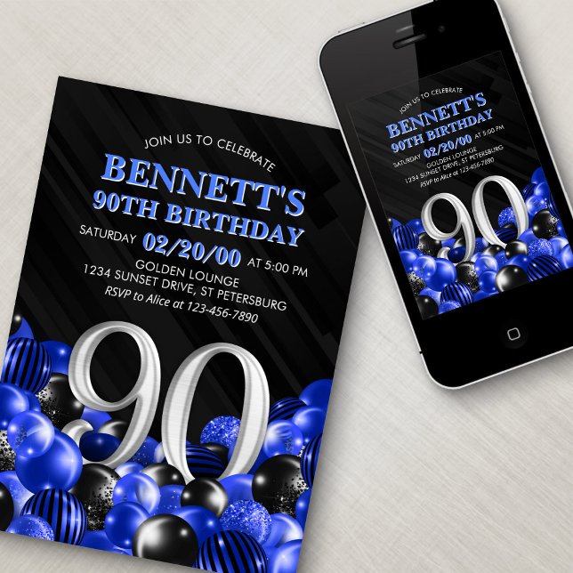 Blue Mens 90th Birthday Invitation (Creator Uploaded)