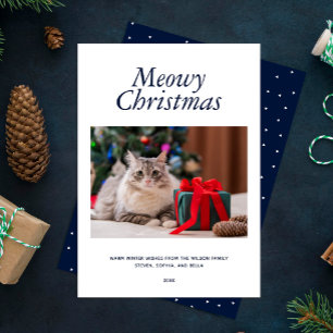 Blue "Meowy Christmas" Personalised Photo Holiday Card