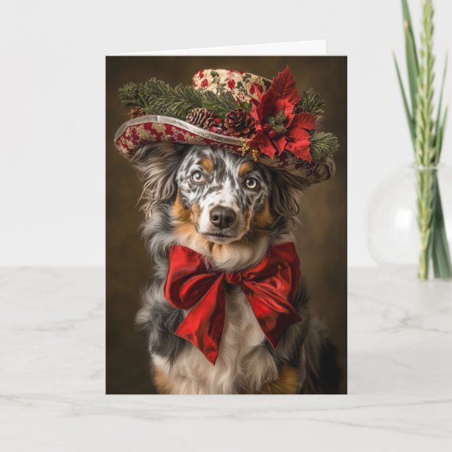 Blue Merle Aussie Christmas Victorian Dog Holiday Card (Front)