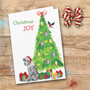 Blue Merle Australian Shepherd and Christmas Tree Holiday Card