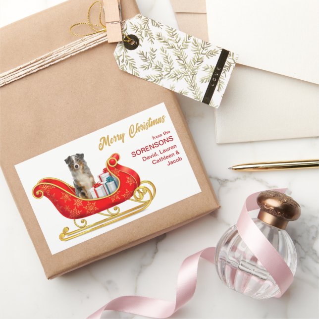 Blue Merle Australian Shepherd Christmas Sleigh Rectangular Sticker (Gifting)