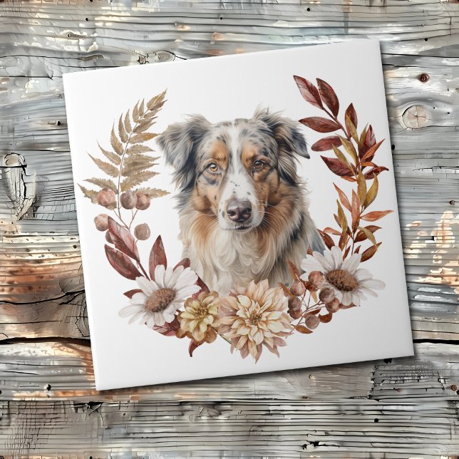 Blue Merle Australian Shepherd Dog Autumn Wreath Tile (Creator Uploaded)
