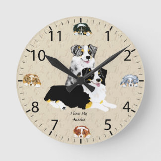 Blue Merle & Black Tri Australian Shepherds Round Clock