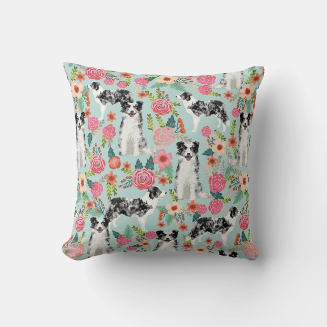 Blue Merle Border Collie Floral Pillow (Front)