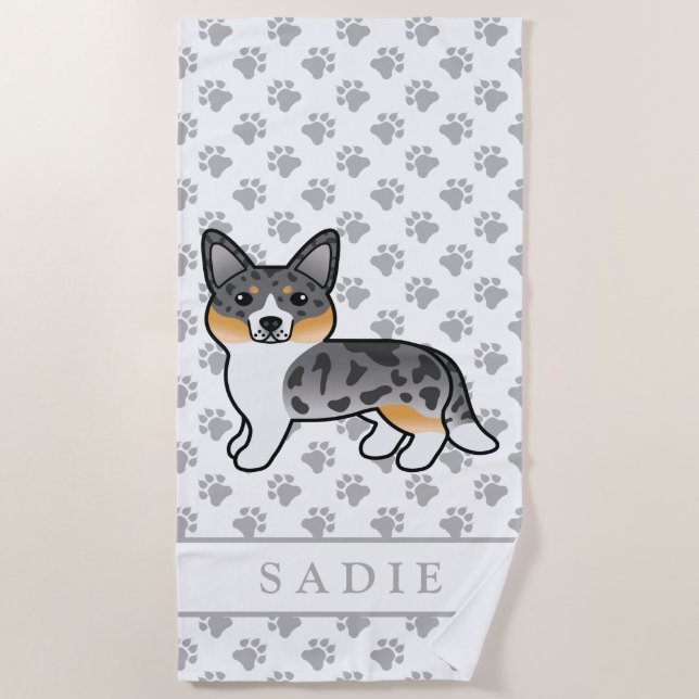 Blue Merle Cardigan Welsh Corgi Dog & Name Beach Towel (Front)