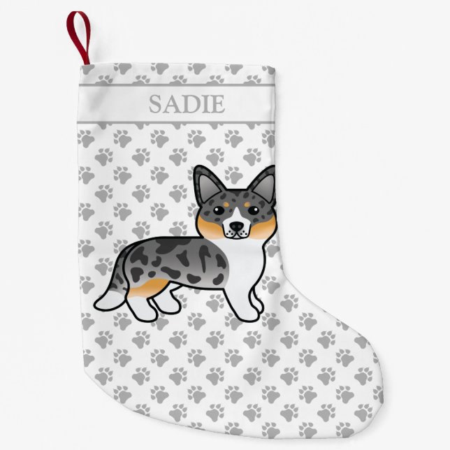 Blue Merle Cardigan Welsh Corgi Dog & Name Small Christmas Stocking (Front)