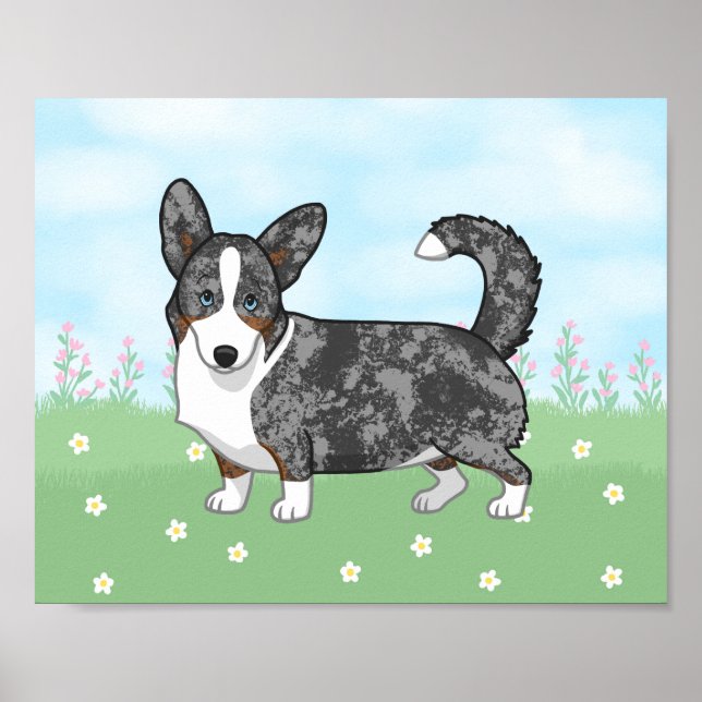 Blue Merle Cardigan Welsh Corgi Flowers Poster (Front)