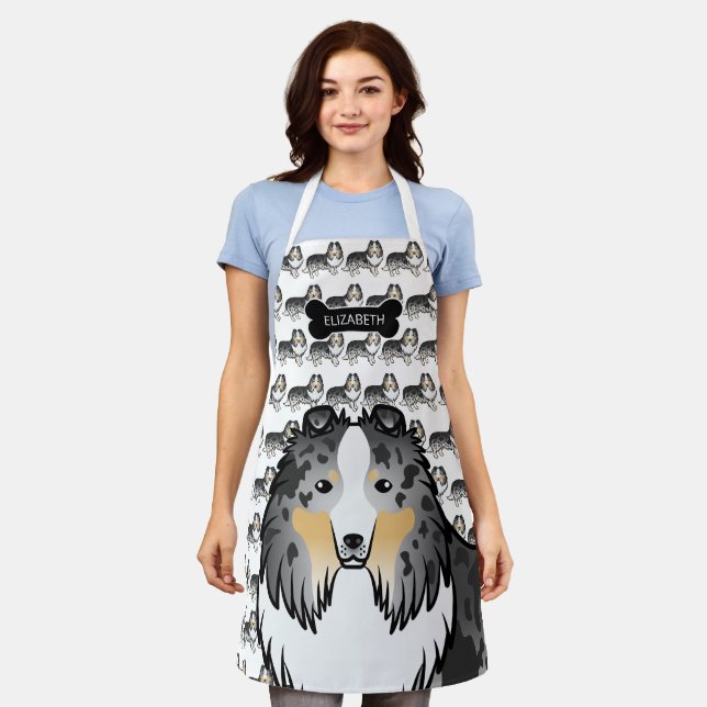 Blue Merle Cartoon Sheltie With Dog Bone & Name Apron (Worn)