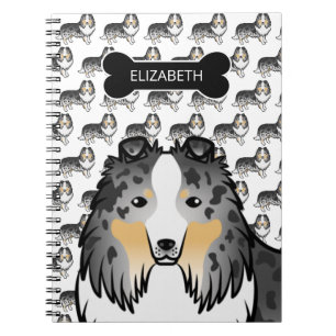 Blue Merle Cartoon Sheltie With Dog Bone & Name Notebook