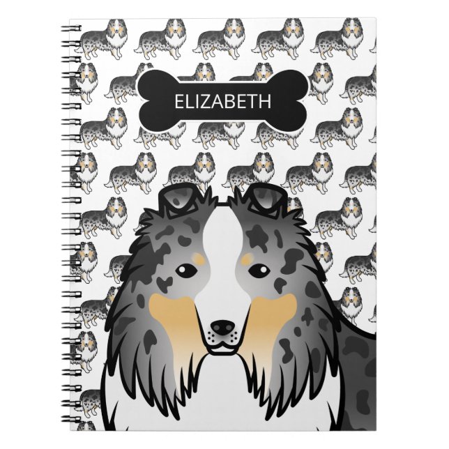 Blue Merle Cartoon Sheltie With Dog Bone & Name Notebook (Front)