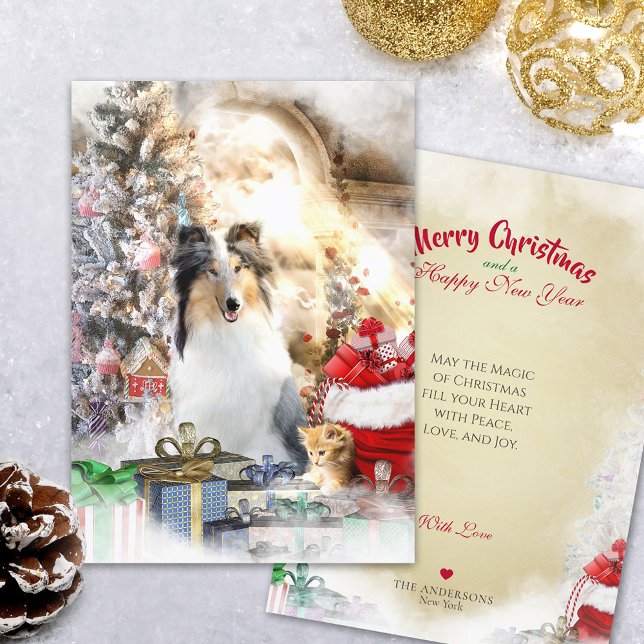 Blue Merle Collie & Kitty, Merry Christmas - Card (Creator Uploaded)