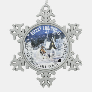 Blue Merle Collie & Lambs in Magic Snowy Night - Snowflake Pewter Christmas Ornament