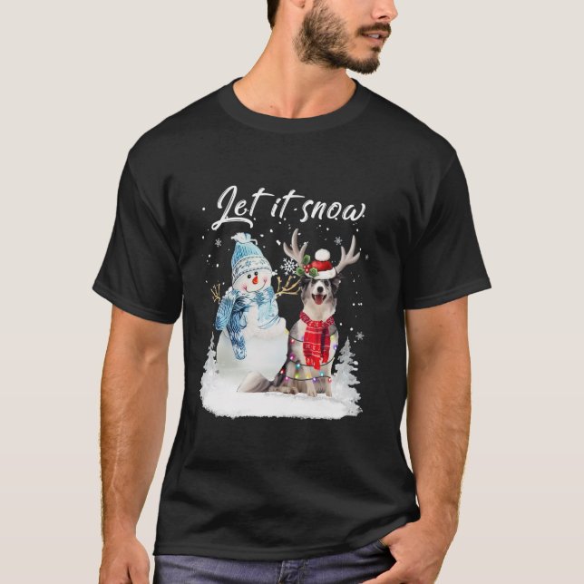 Blue Merle Collie Santa Dog Christmas Snowman Xmas T-Shirt (Front)