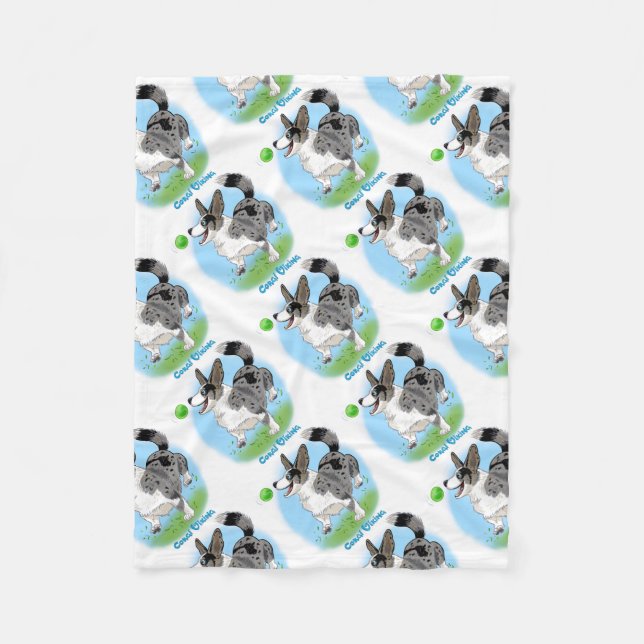 Blue merle Corgi with Ball Fleece Blanket (Front)