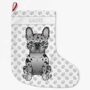 Blue Merle French Bulldog Frenchie Cute Dog & Name Large Christmas Stocking