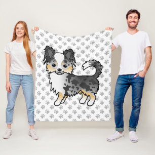Blue Merle Long Coat Chihuahua Cartoon Dog & Paws Fleece Blanket