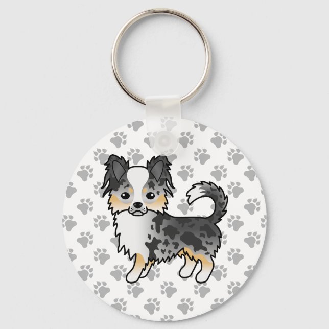 Blue Merle Long Coat Chihuahua Cartoon Dog & Paws Key Ring (Front)