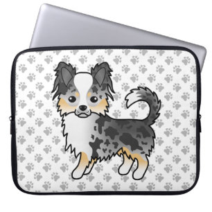 Blue Merle Long Coat Chihuahua Cartoon Dog & Paws Laptop Sleeve
