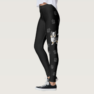 Blue Merle Long Coat Chihuahua Cartoon Dog & Paws Leggings