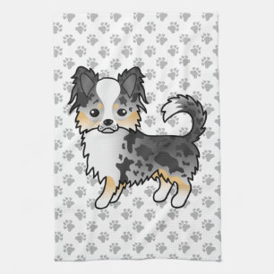 Blue Merle Long Coat Chihuahua Cartoon Dog & Paws Tea Towel