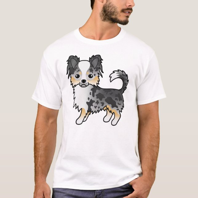 Blue Merle Long Coat Chihuahua Cute Cartoon Dog T-Shirt (Front)