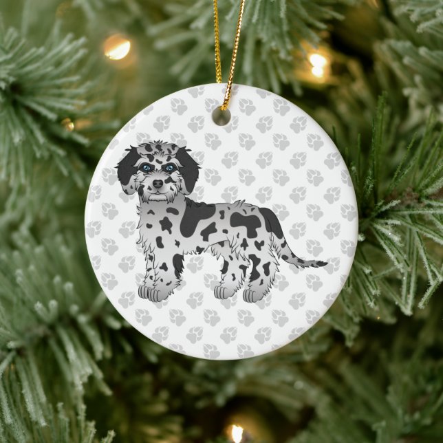 Blue Merle Mini Goldendoodle Cartoon Dog & Text Ceramic Tree Decoration (Tree)