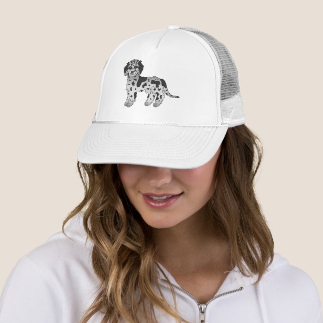 Blue Merle Mini Goldendoodle Cute Cartoon Dog Trucker Hat (In Situ)