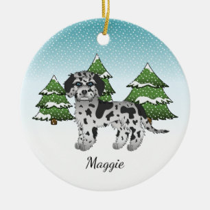 Blue Merle Mini Goldendoodle - Winter Forest Ceramic Tree Decoration