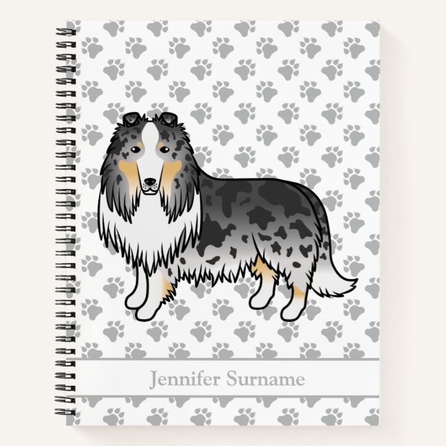 Blue Merle Rough Collie Cute Cartoon Dog & Name Notebook (Front)