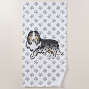 Blue Merle Rough Collie Cute Cartoon Dog & Paws Beach Towel