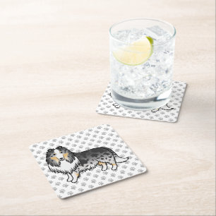 Blue Merle Rough Collie Cute Cartoon Dog & Paws Square Paper Coaster