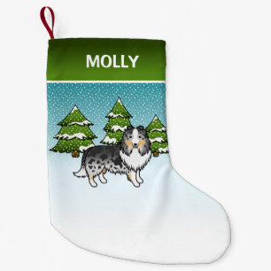 Blue Merle Sheltie Cartoon Dog In Winter & Name Small Christmas Stocking