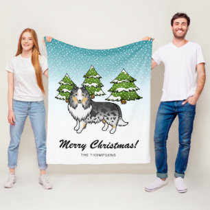 Blue Merle Sheltie Cartoon Dog In Winter & Text Fleece Blanket
