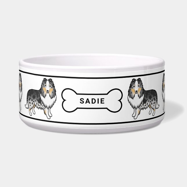 Blue Merle Sheltie Dogs With Bone & Name (Front)